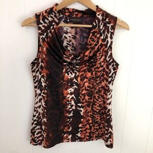 Dana Buchman Small Leopard Print Salmon Pink Black Waterfall Sleeveless Tank Top
